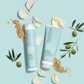 Paul Mitchell bottle on bathroom shelf in lifestyle scene conveying everyday salon-quality results
