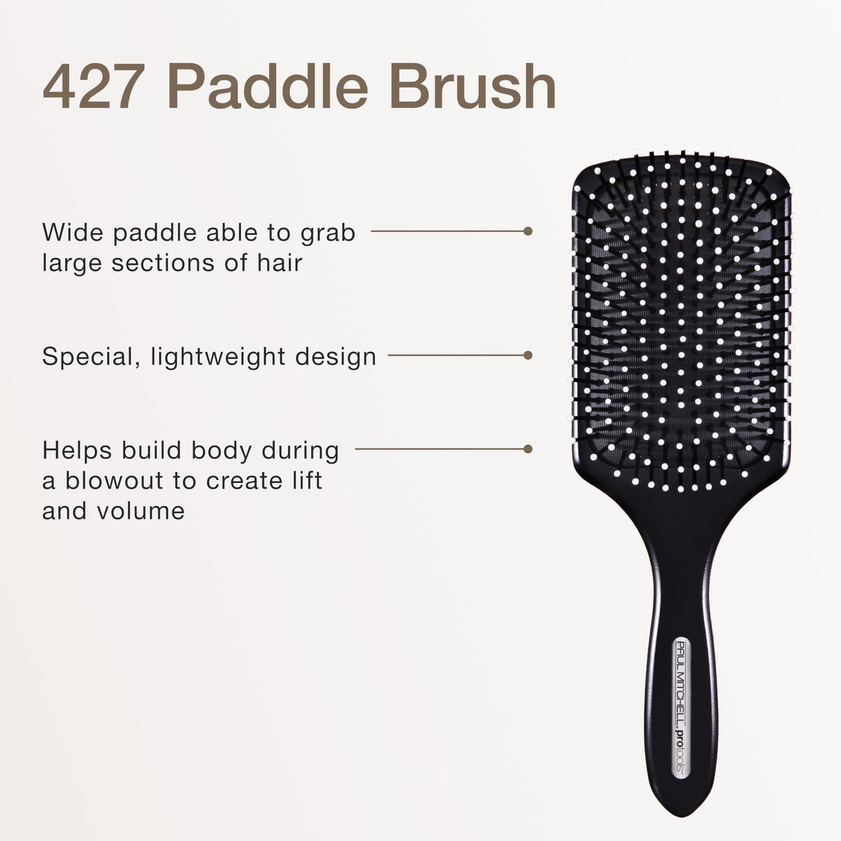 Paul Mitchell paddle brush handle and logo offering balanced grip and professional control