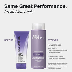 Paul Mitchell conditioner texture pour close-up showing creamy violet formula