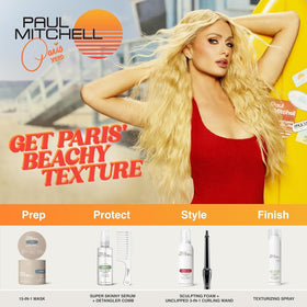 Paul Mitchell bottle on bathroom shelf conveying salon-quality routine