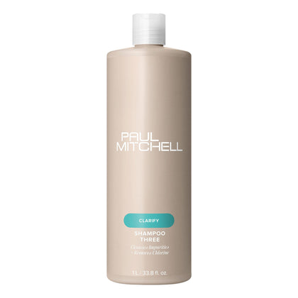 Paul Mitchell Shampoo Three front bottle shows product and size benefit