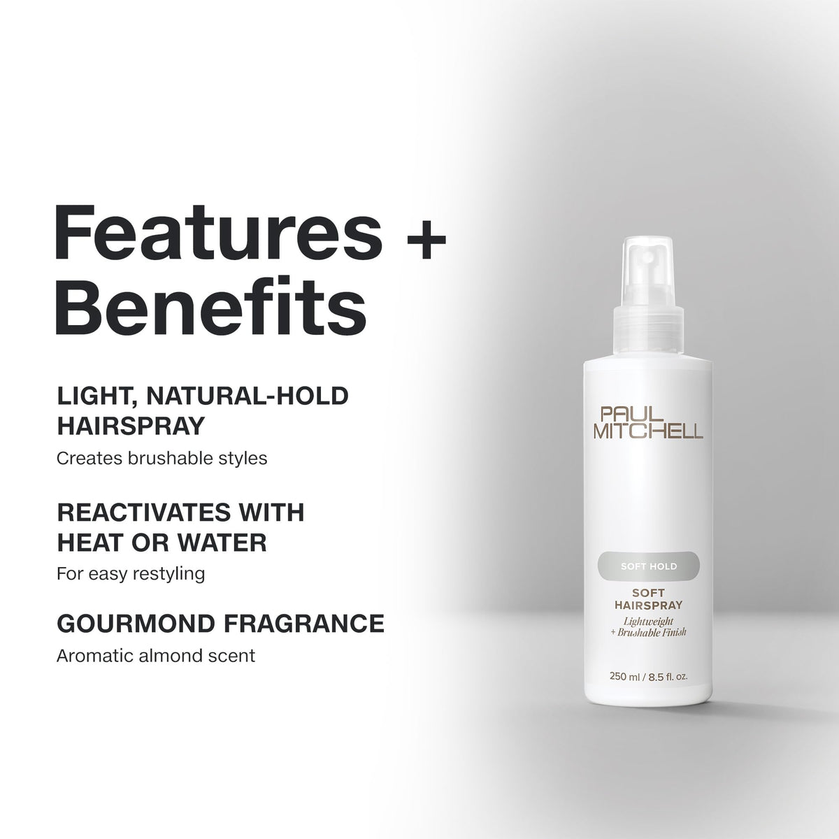 Paul Mitchell soft hairspray nozzle close-up highlighting fine texture and brushable feel