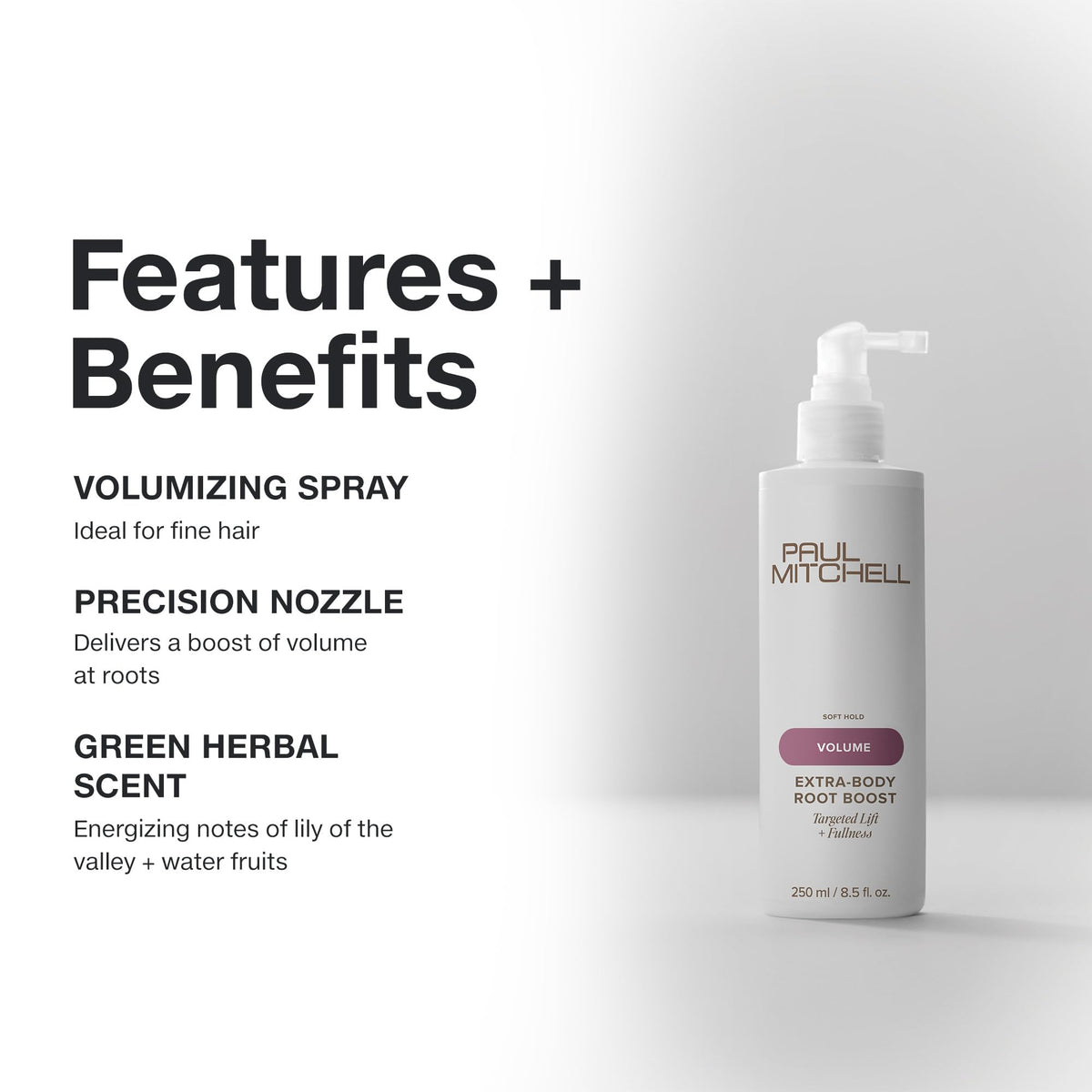 Paul Mitchell spray being applied to roots during styling, demonstrates instant lift benefit
