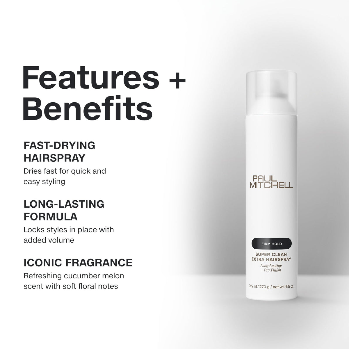 Paul Mitchell aerosol spray action delivering fast-drying hold and volume