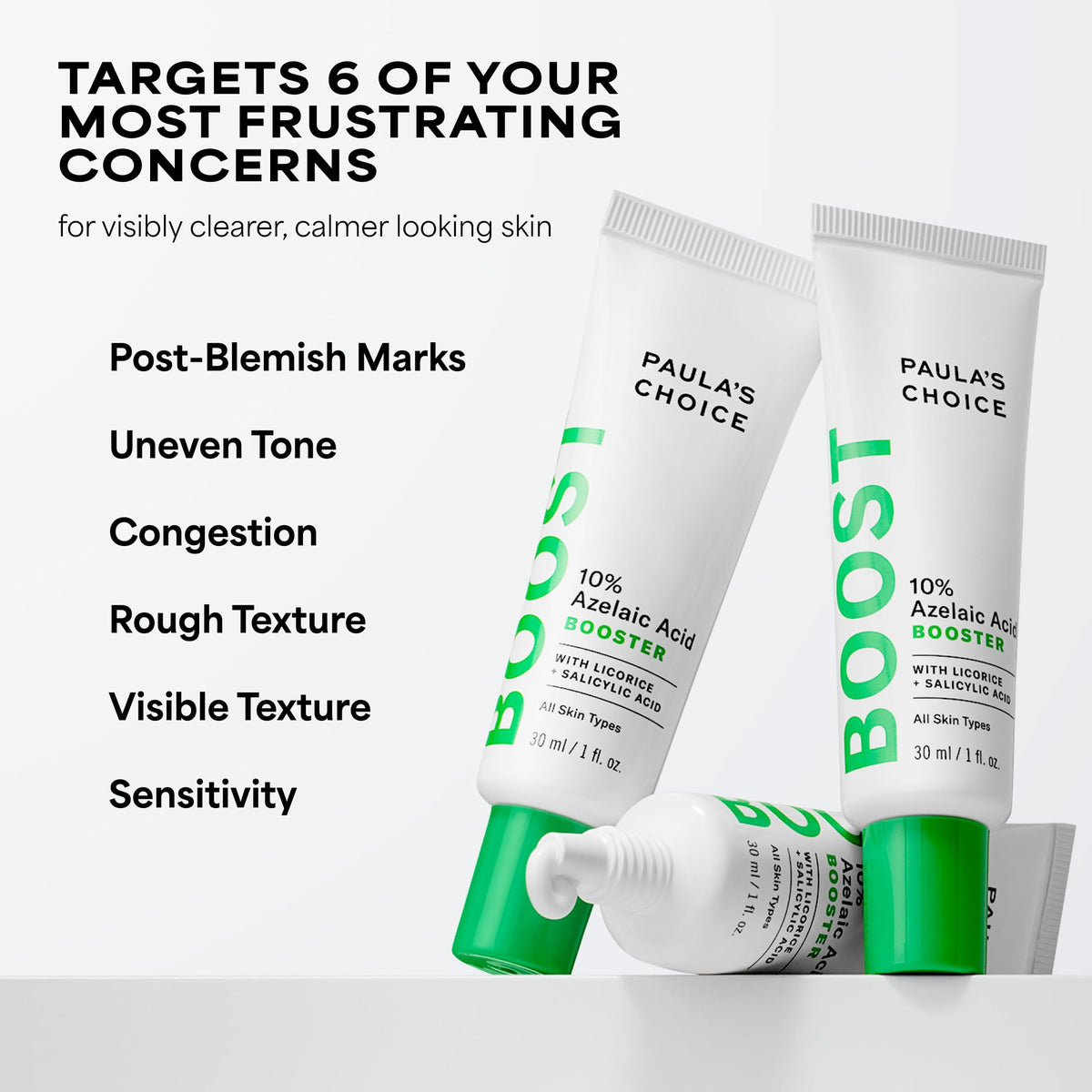 Paula's Choice label close-up listing azelaic and salicylic acids for targeted clarity