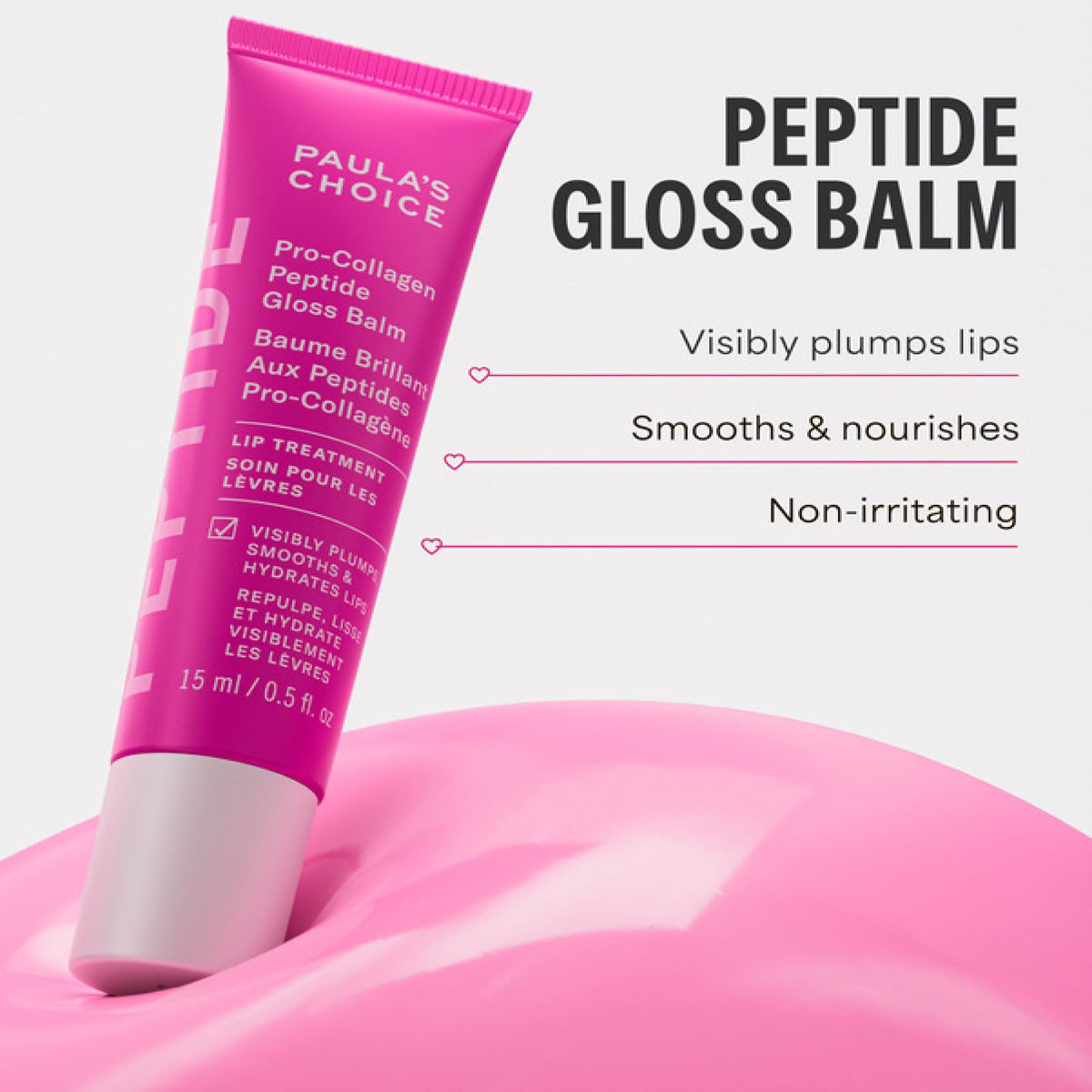 Paula's Choice on model lips showing glossy finish and visibly fuller-looking lip appearance