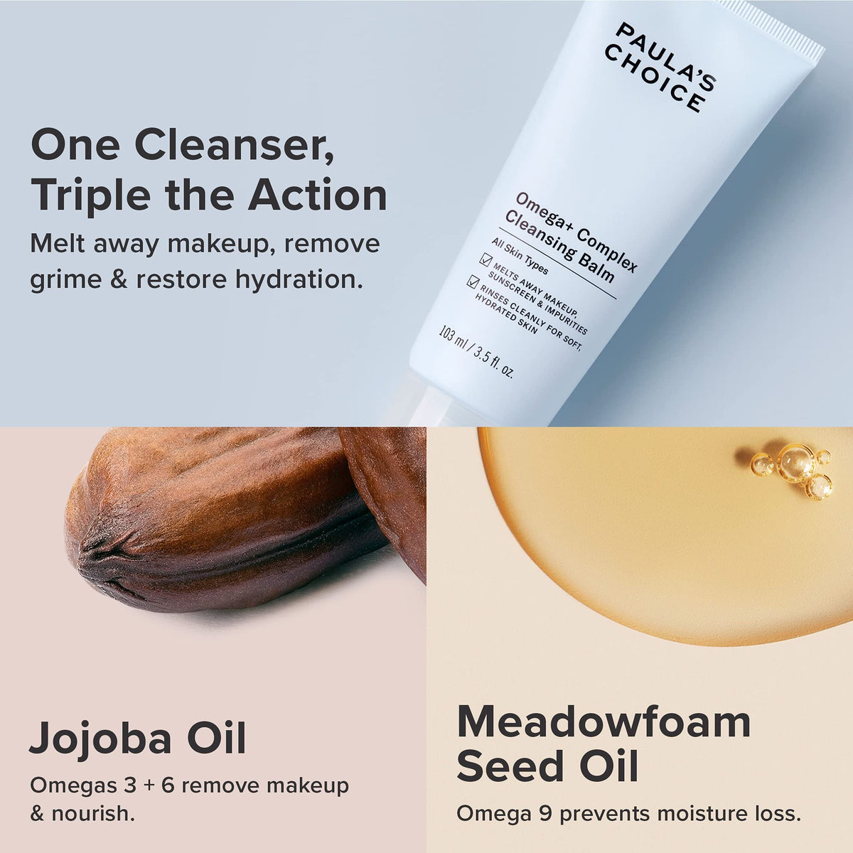 Paula's Choice balm in hand being massaged into skin demonstrating gentle removal benefit