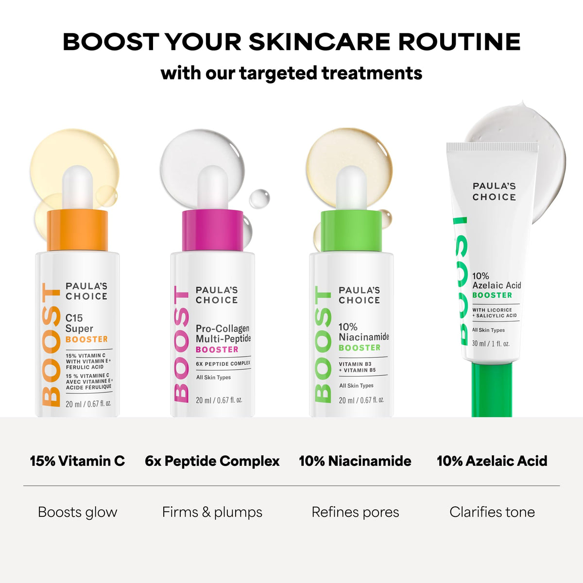 Paula's Choice ingredient flatlay with hyaluronic acid and peptides emphasizing science-backed benefit