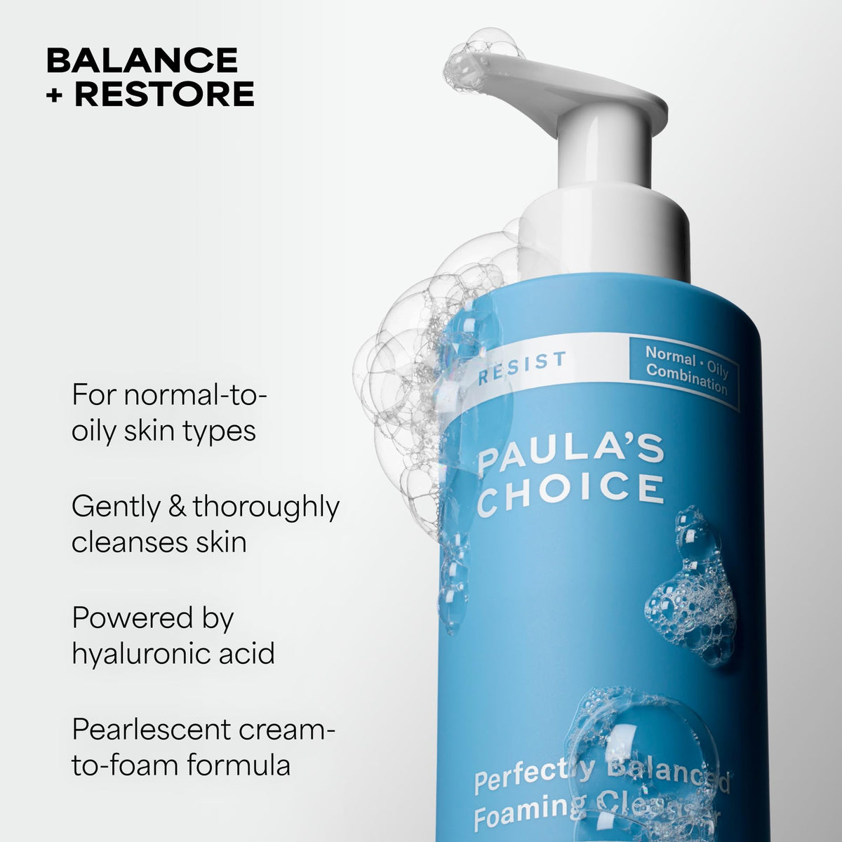 Paula's Choice pump and label detail highlighting ingredients and easy dispensing benefit