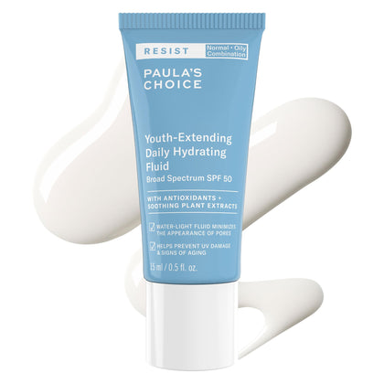 Paula's Choice front tube view showing clear SPF 50 labeling and travel-ready size