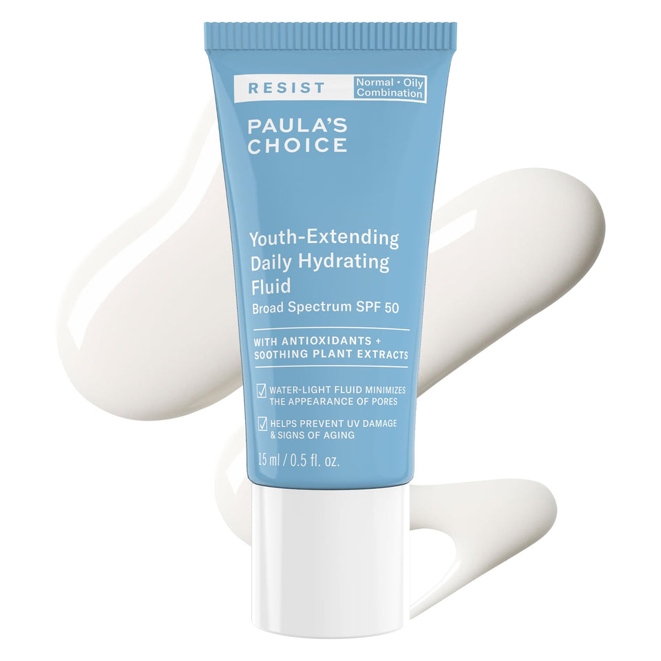 Paula's Choice front tube view showing clear SPF 50 labeling and travel-ready size