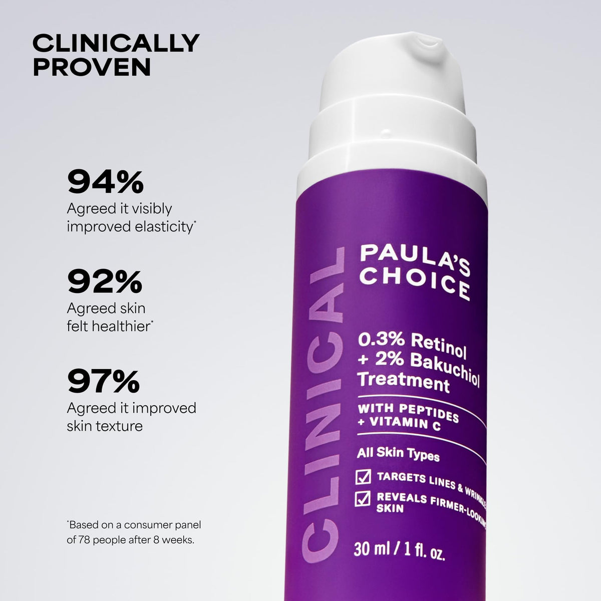 Paula's Choice close-up pump and label highlighting formula transparency benefit