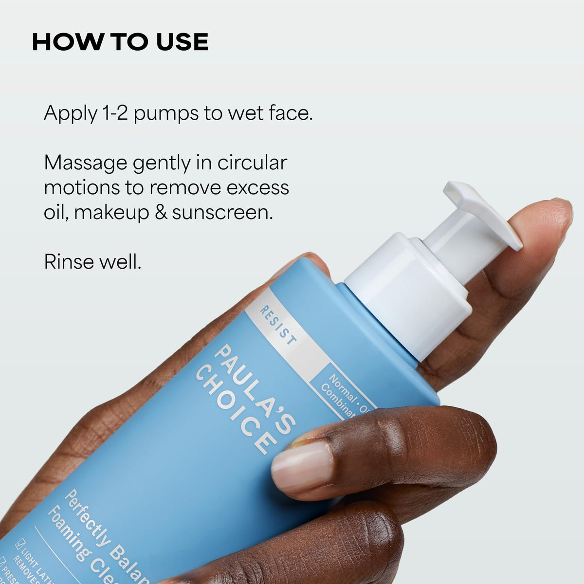Paula's Choice size scale with hand showing 6.4 fl oz travel-friendly volume benefit