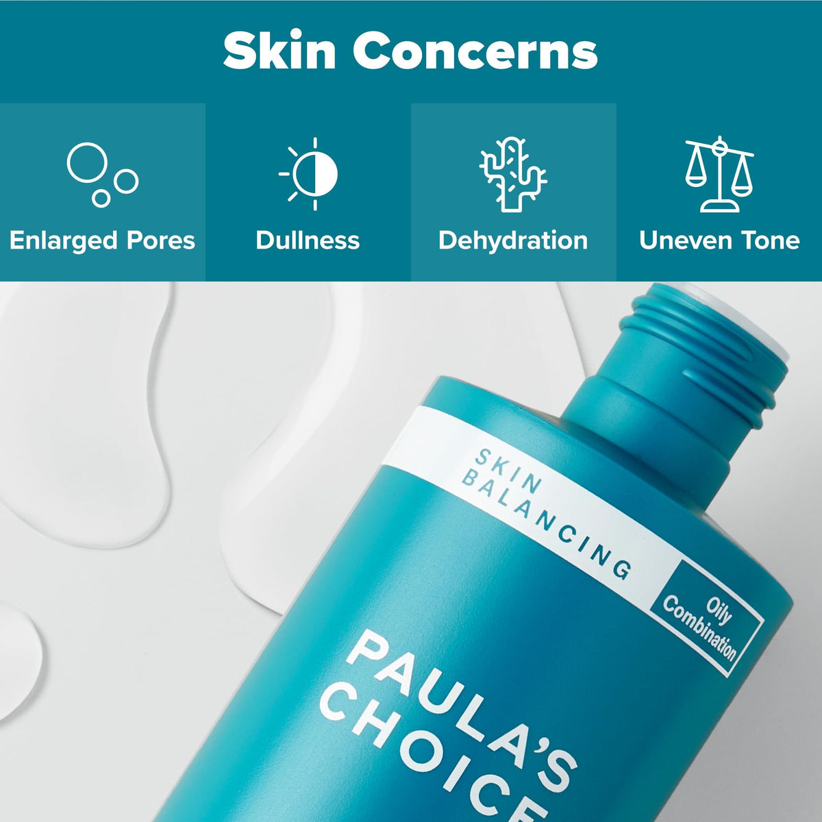 Paula's Choice bottle staged with serum and moisturizer to show layering benefit