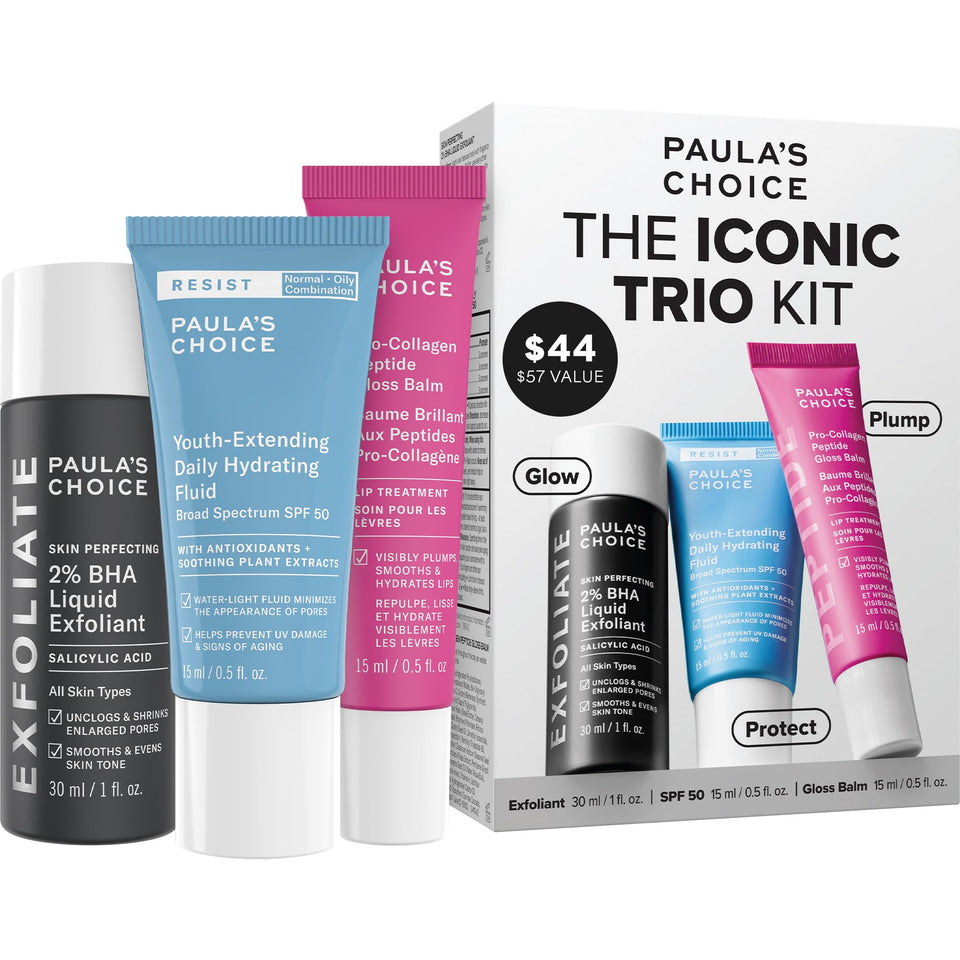 Paula's Choice trio front packaging showing travel sizes and full-size balm for convenient routine
