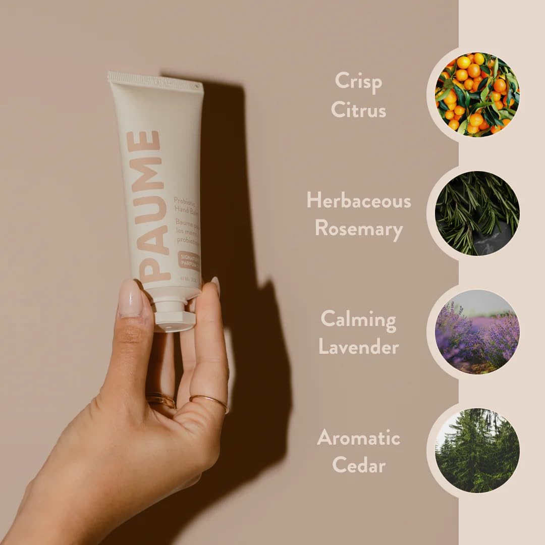 PAUME ingredients display with botanicals highlighting plant-based emollients and probiotics
