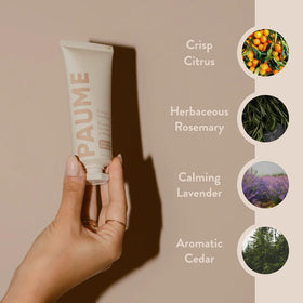 PAUME ingredients display with botanicals highlighting plant-based emollients and probiotics