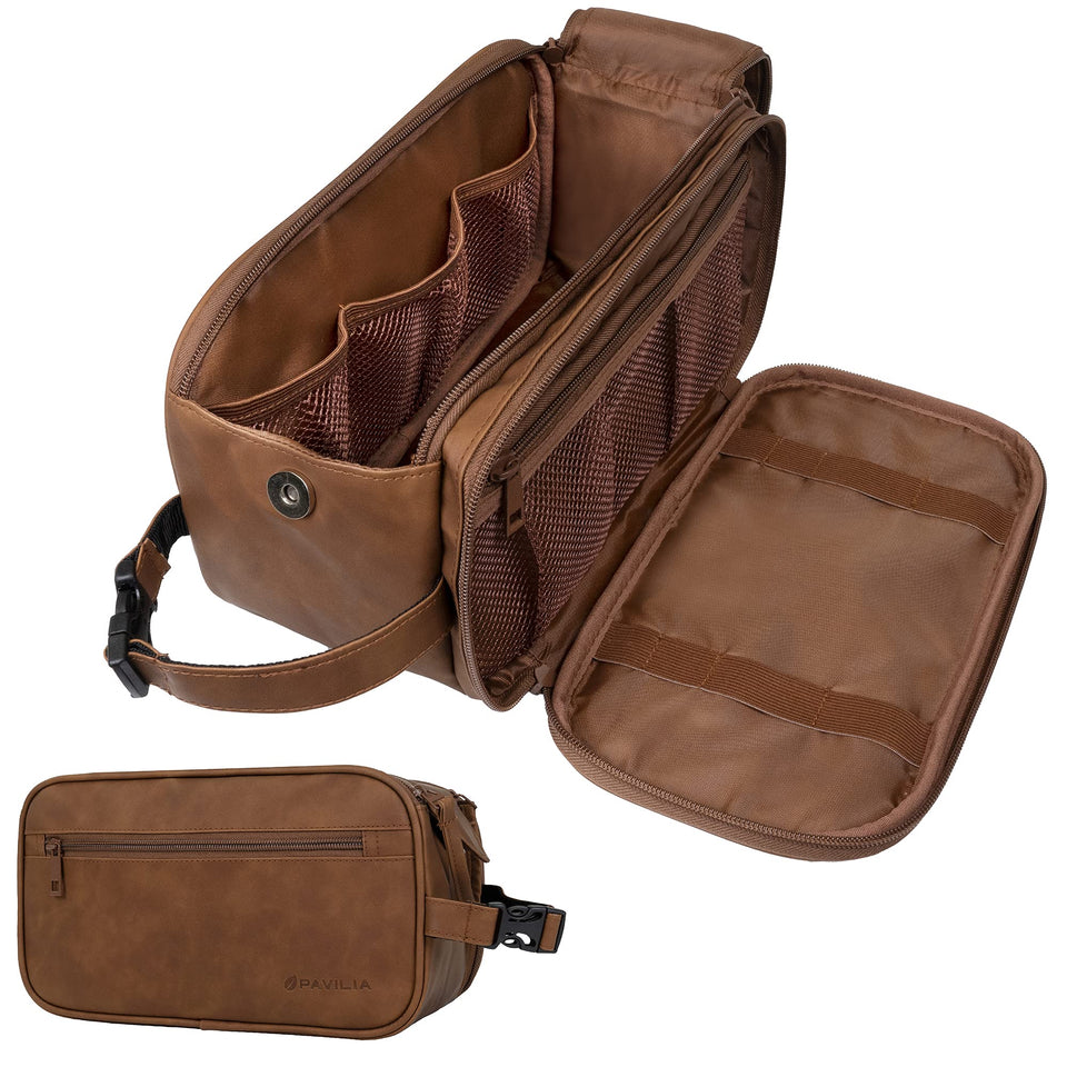 PAVILIA front view dopp kit showing compact brown design and handle