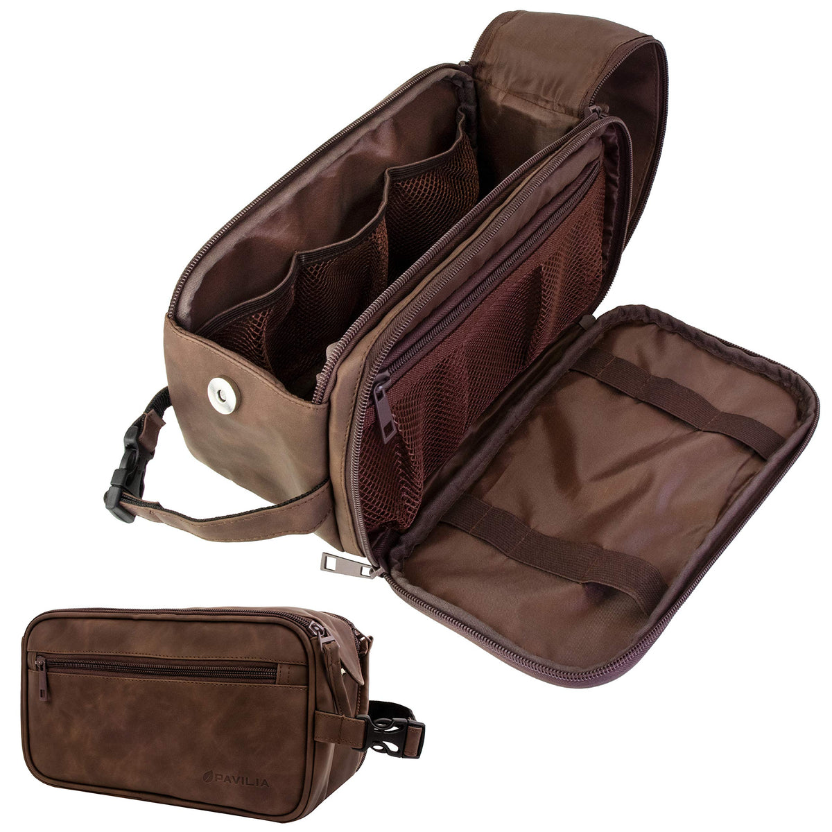 PAVILIA front view of dark brown toiletry bag showing sleek PU leather and zippered closure for durable travel