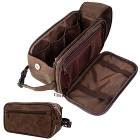 PAVILIA front view of dark brown toiletry bag showing sleek PU leather and zippered closure for durable travel