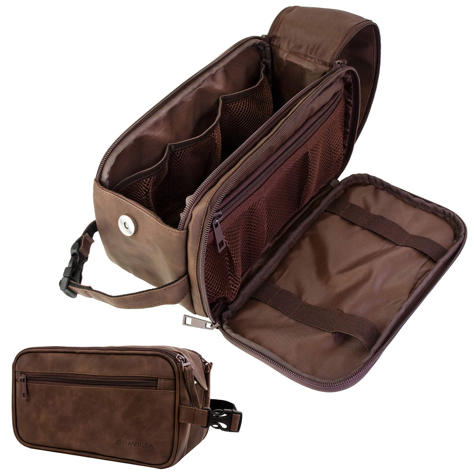 PAVILIA front view of dark brown toiletry bag showing sleek PU leather and zippered closure for durable travel