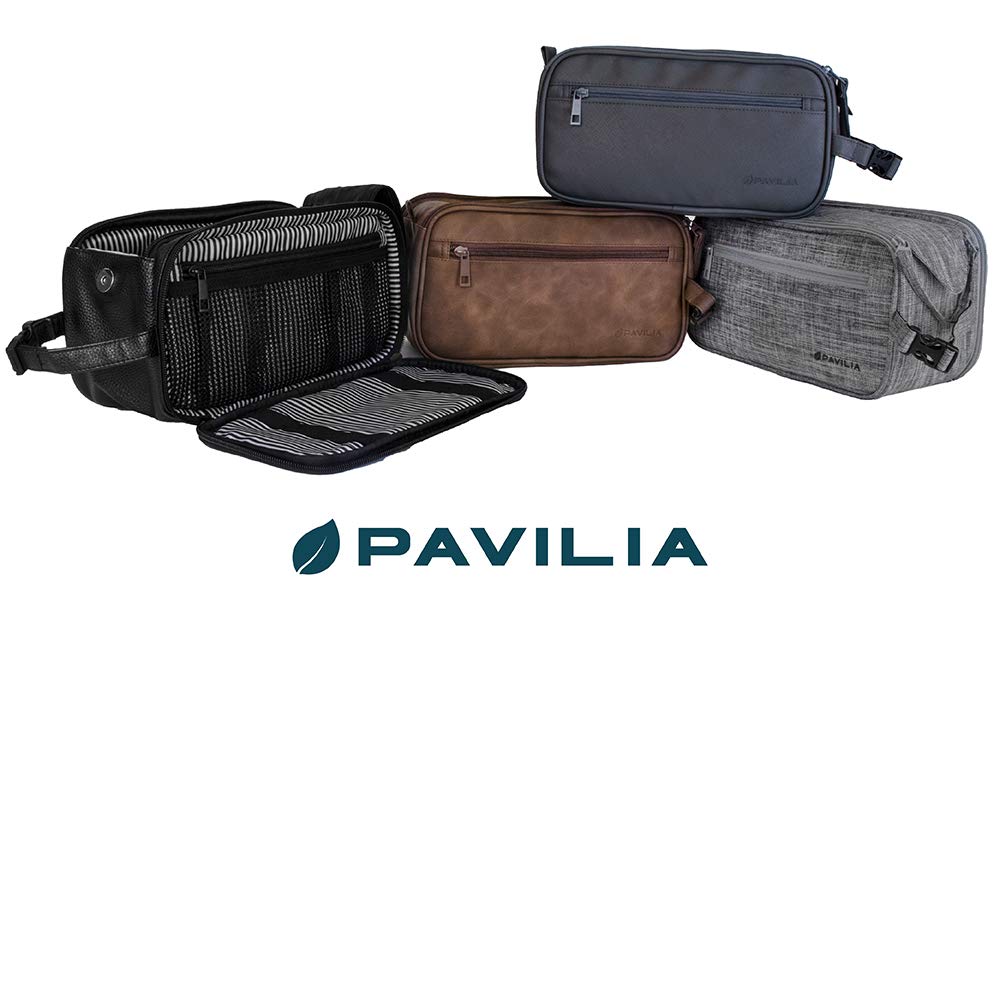 PAVILIA toiletry bag staged on bathroom counter illustrating travel-ready grooming organization and style