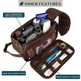 PAVILIA toiletry bag opened wide to show roomy main compartment for easy access to grooming essentials