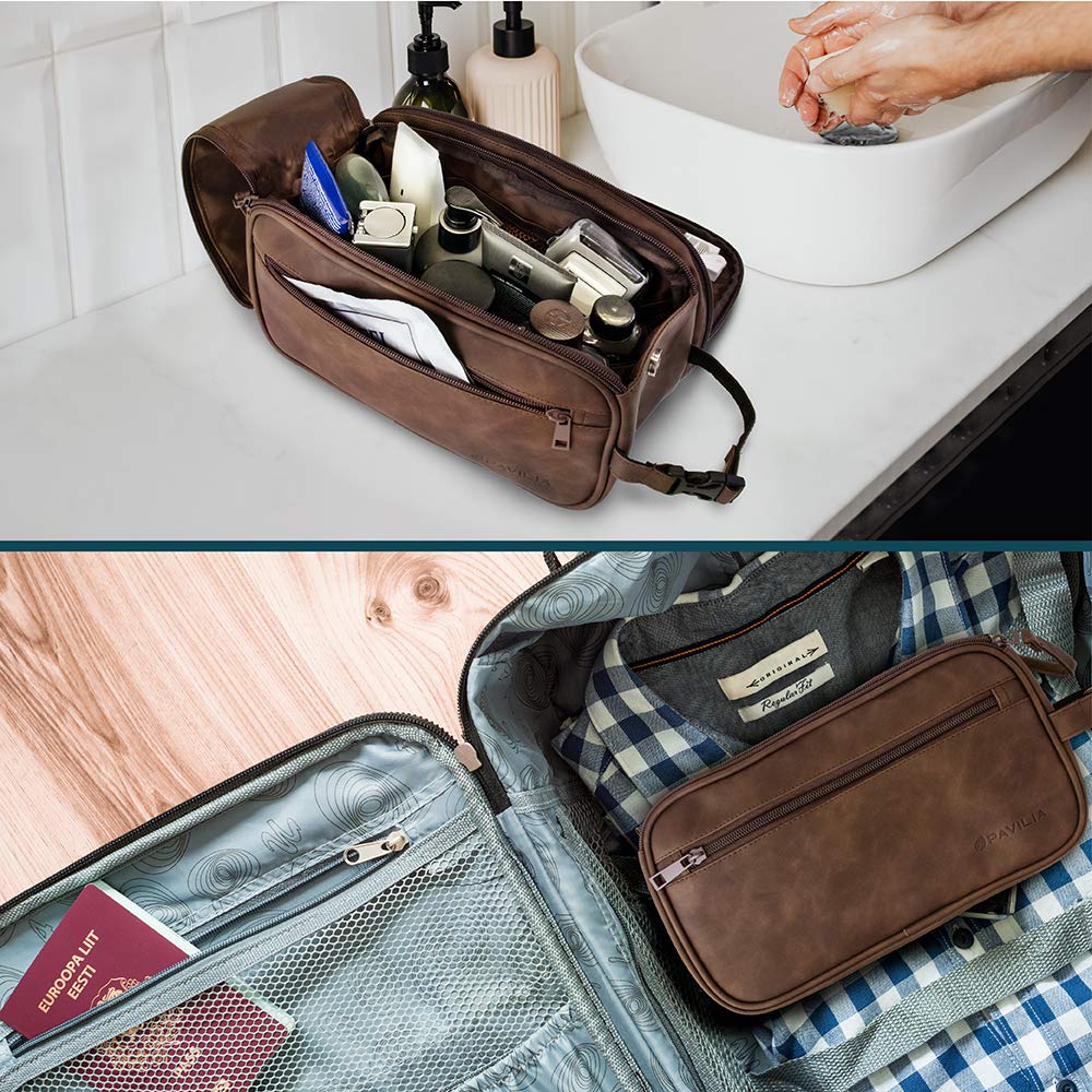 PAVILIA toiletry bag next to standard-size bottles showing scale and generous 10.5x5.5x6 inch capacity