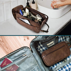 PAVILIA toiletry bag next to standard-size bottles showing scale and generous 10.5x5.5x6 inch capacity