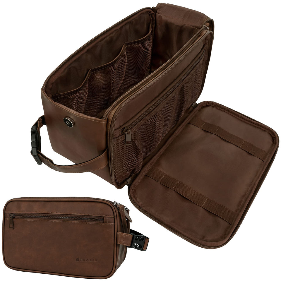PAVILIA front view showing dark brown PU leather and sleek profile benefit organized packing