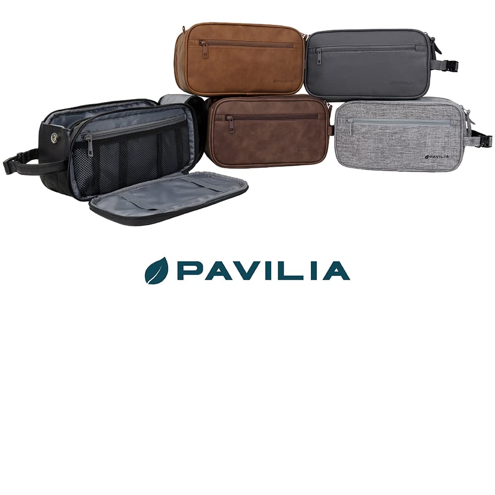 PAVILIA staged in bathroom with toiletries to illustrate organized travel-ready setup