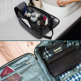 PAVILIA next to suitcase to show compact 10.5 x 5.5 x 6 inch travel scale