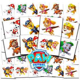 Paw Patrol front packaging showing bundle of perforated tattoo sheets and characters for easy party use