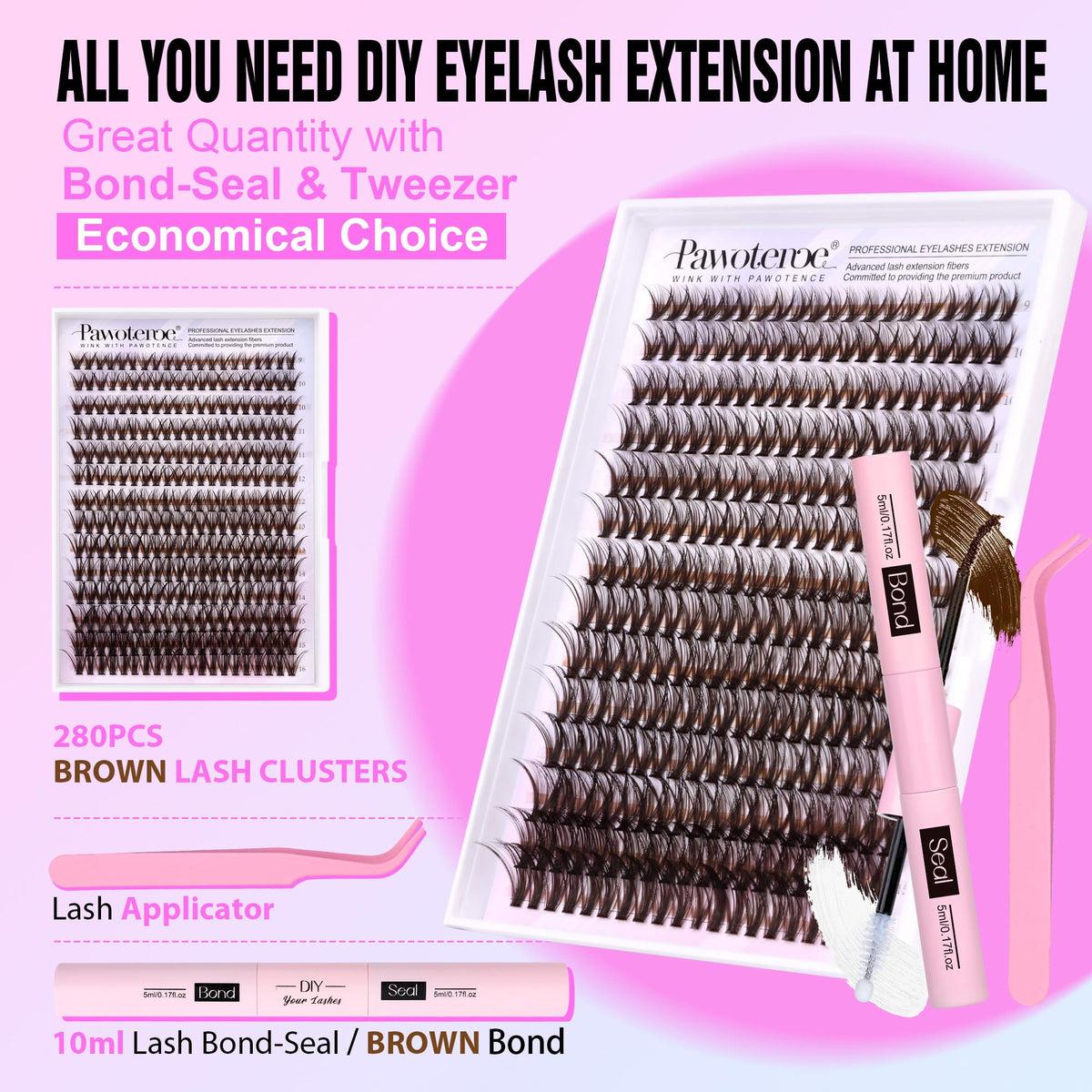 Pawotence array of brown 40D cluster lashes 9–16mm for customizable volume