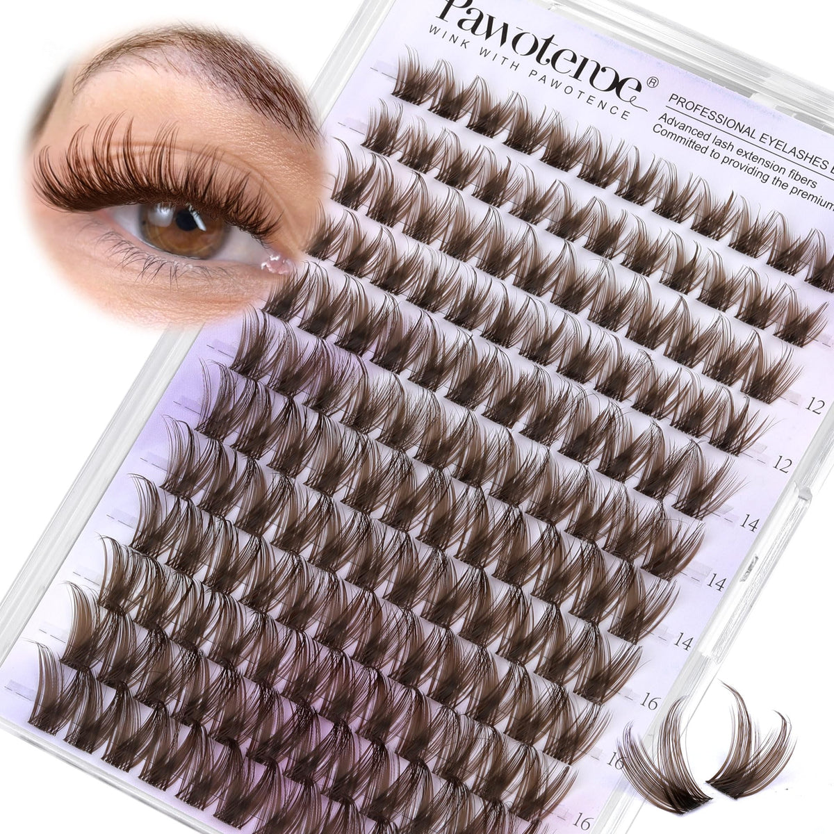 Pawotence front packaging showing brown lash clusters and quick styling benefit
