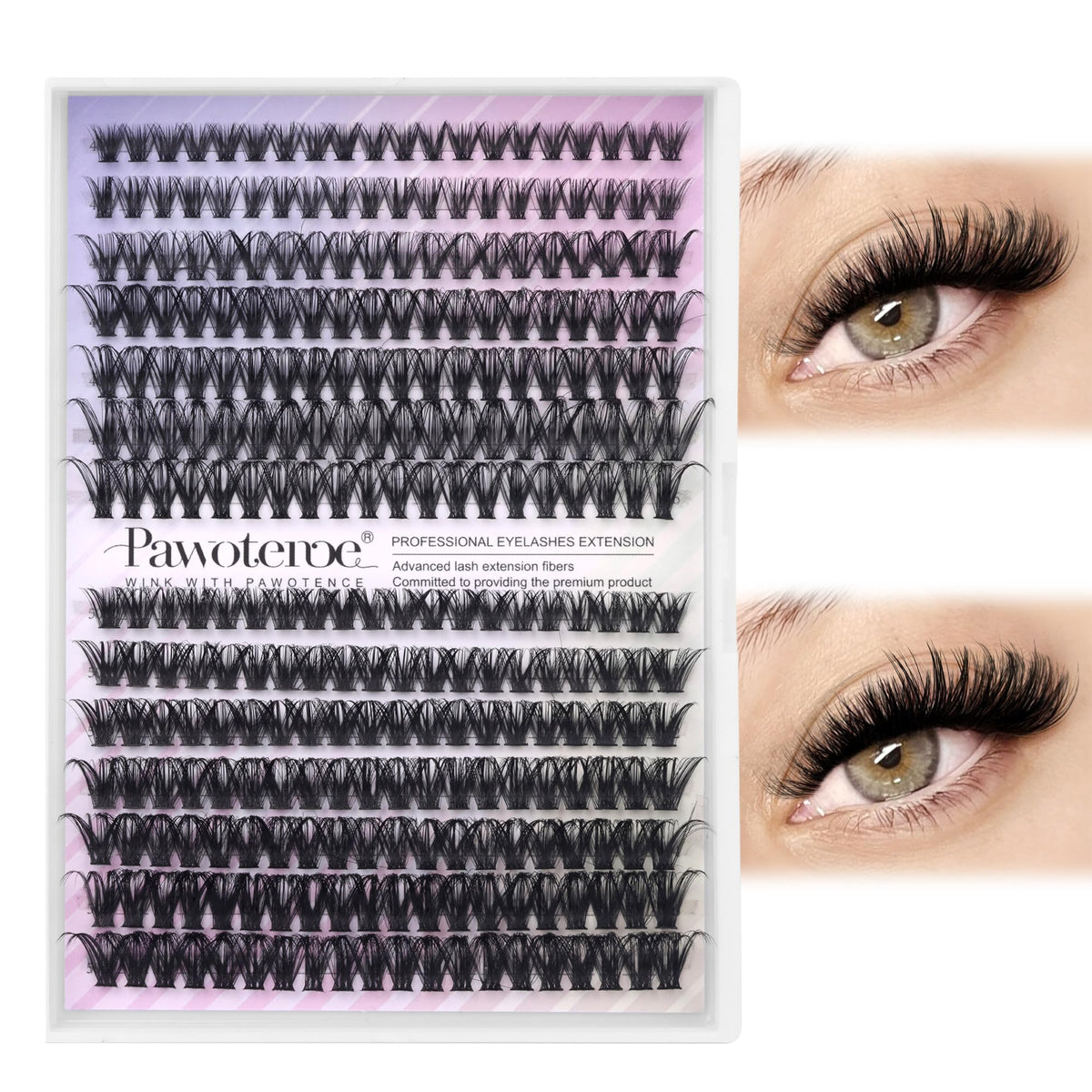 Pawotence front packaging showing 280pcs cluster lashes and key specs