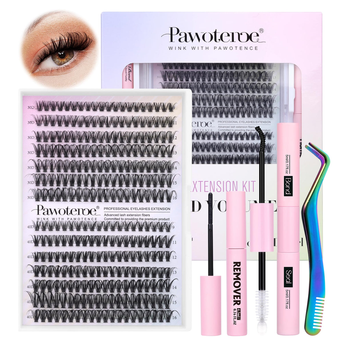 Pawotence front packaging showing full DIY lash extension kit, convenient all-in-one set