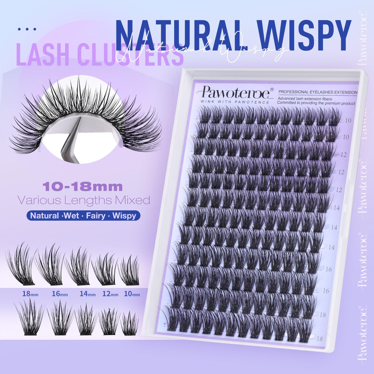 Pawotence spread of 10–18mm clusters arranged to show available length options and layering benefit