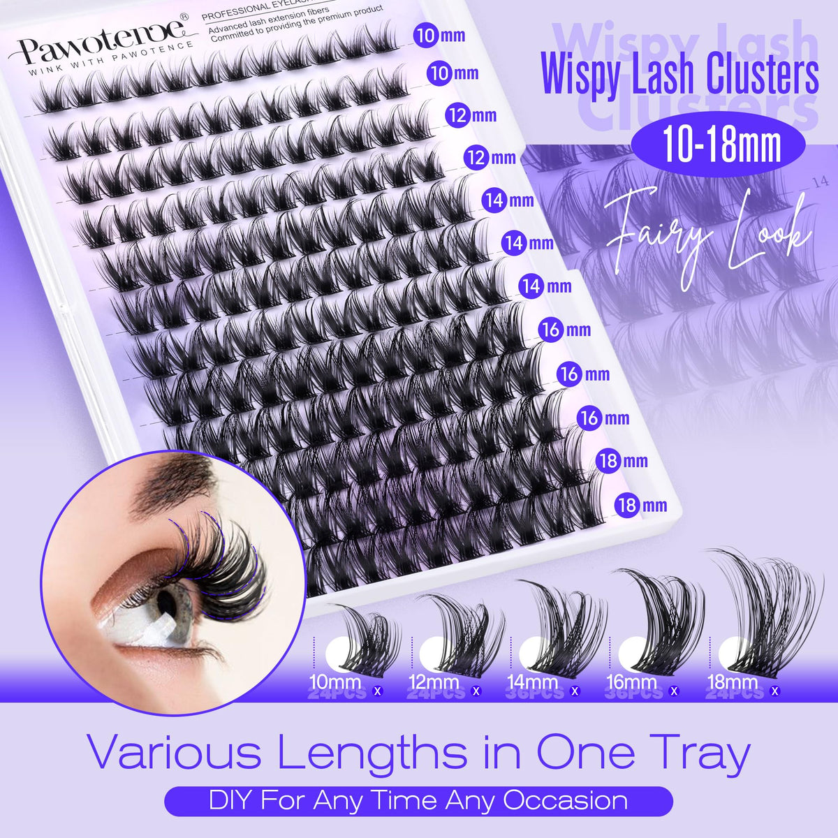 Pawotence display of mixed 10–18mm cluster lengths for customizable volume