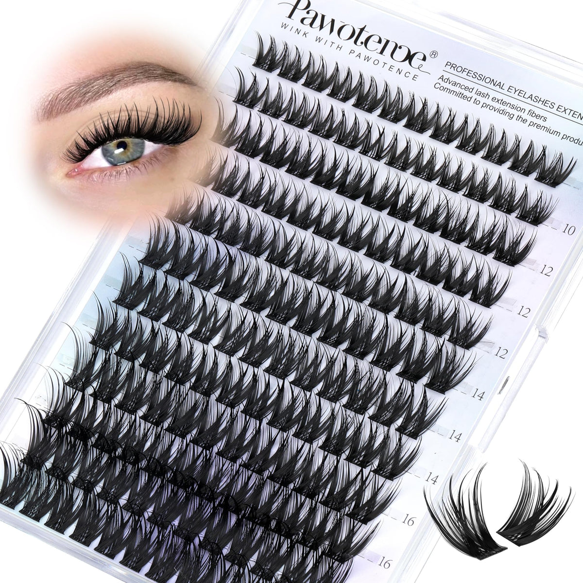 Pawotence front packaging showing 144 cluster lashes, quick selection benefit