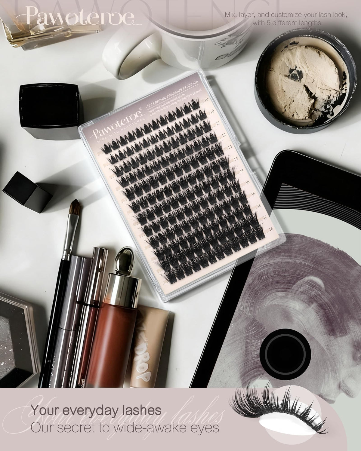 Pawotence clusters styled with a makeup kit showing ready-to-wear convenience