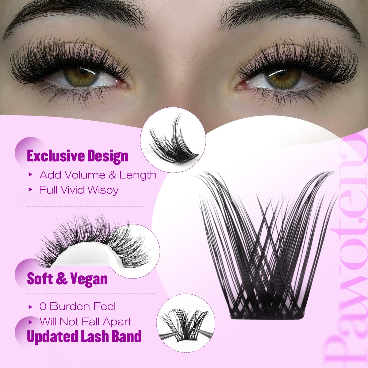 Pawotence clusters worn on model demonstrating blended natural volume