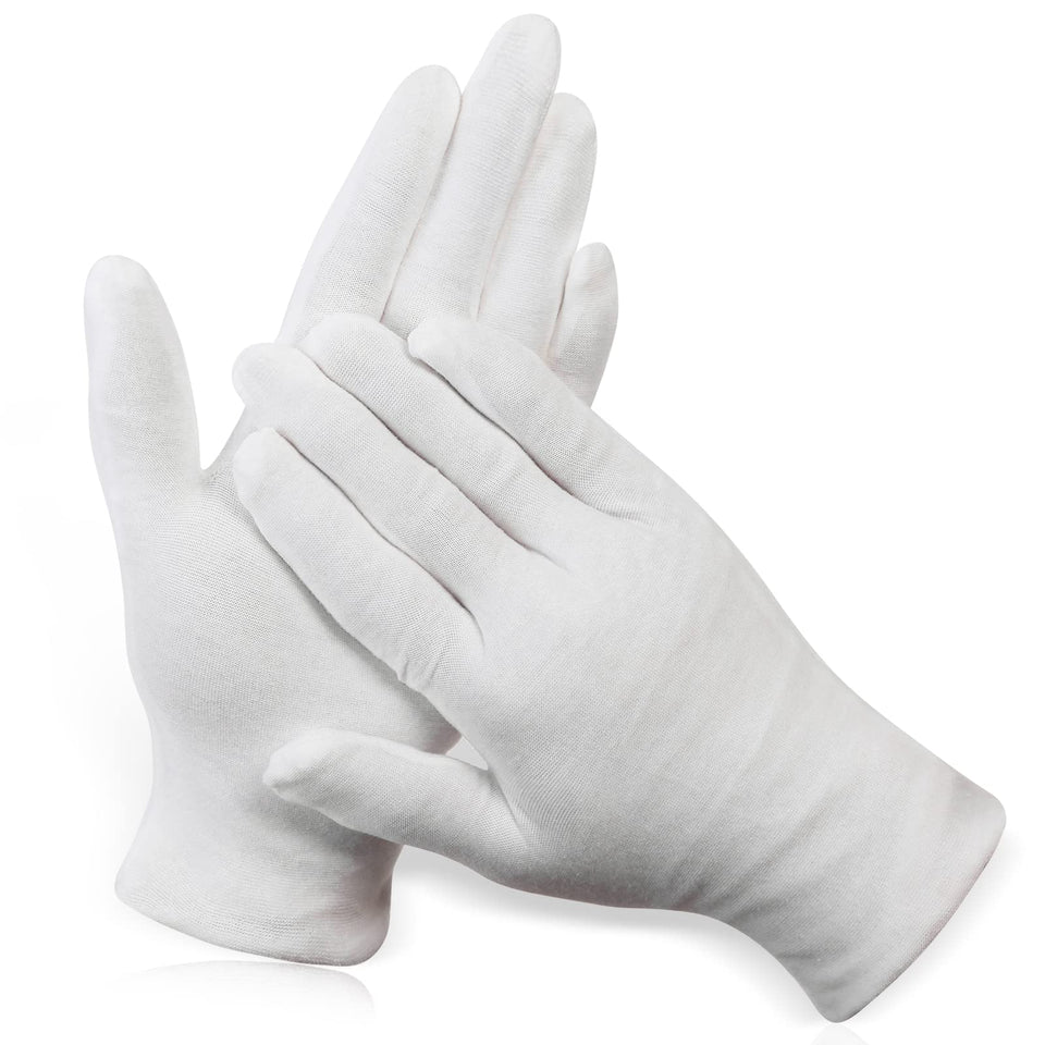 PAXCOO front pack of 12 pairs XL white gloves showing quantity and clean look
