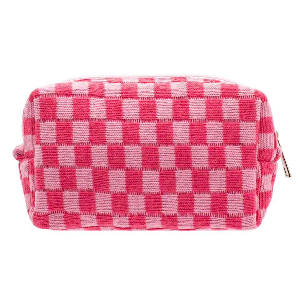 PAZIMIIK front view of checkered hotpink pouch showing compact shape and style