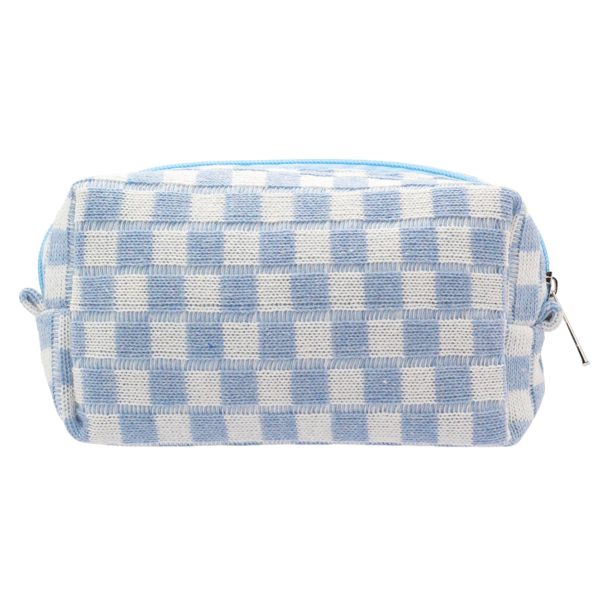 PAZIMIIK front view of checkered blue makeup bag showing compact design benefit