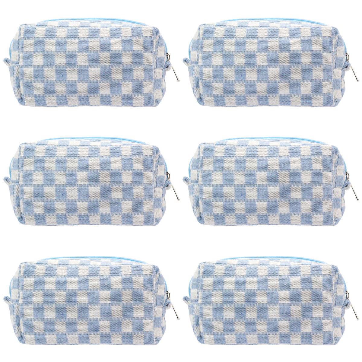 PAZIMIIK front view of blue checkered pouch showing compact standing design and pattern