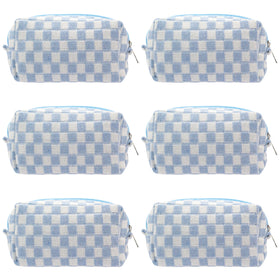PAZIMIIK front view of blue checkered pouch showing compact standing design and pattern