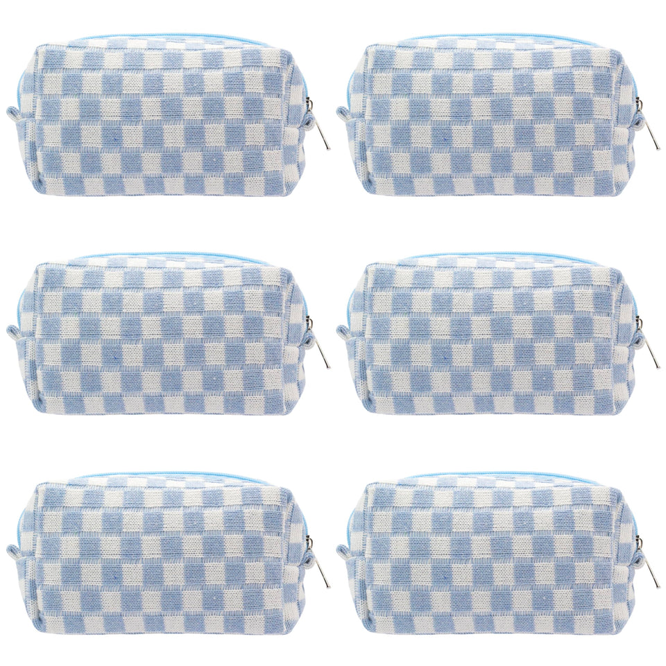 PAZIMIIK front view of blue checkered pouch showing compact standing design and pattern