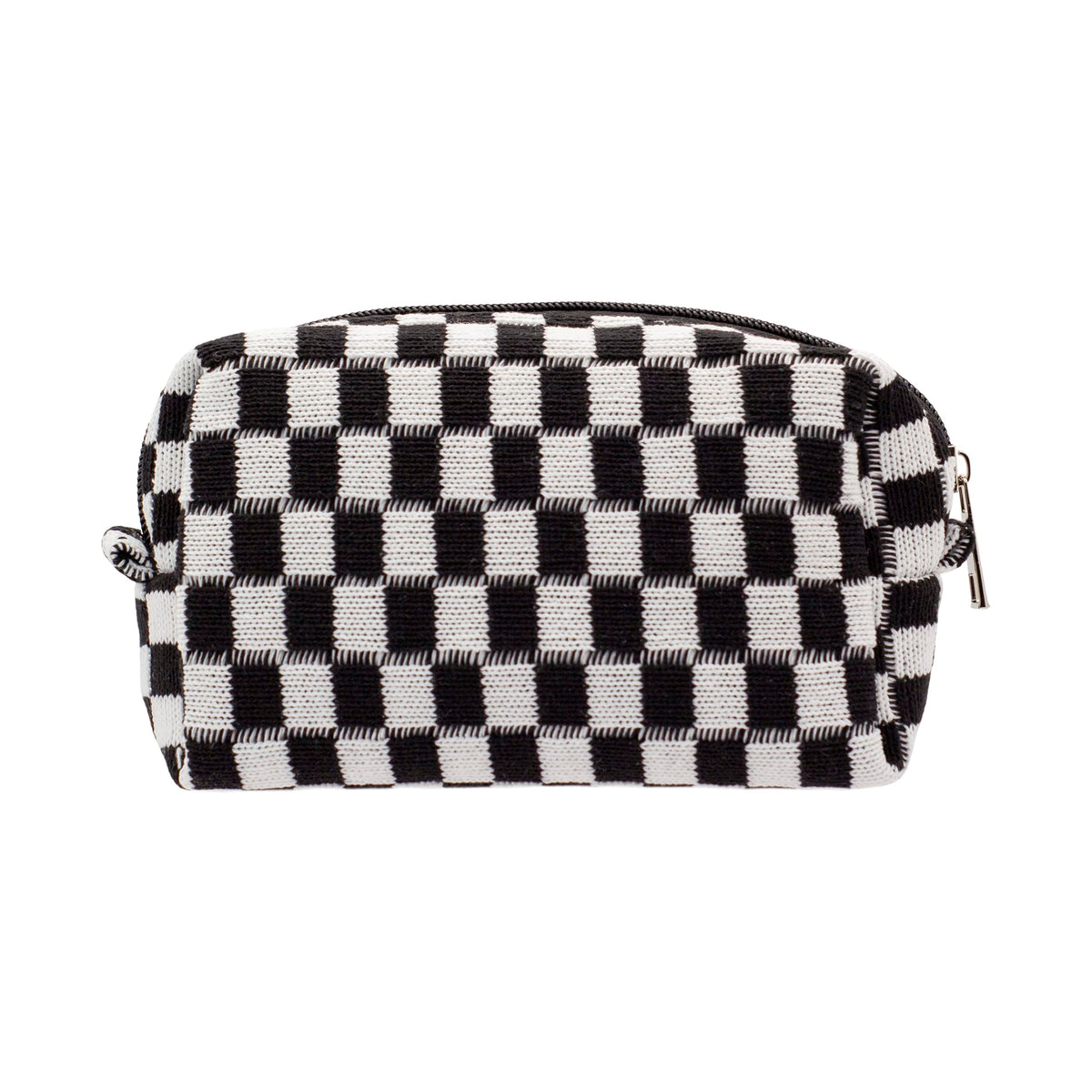 PAZIMIIK front view of black checkered makeup bag showing compact shape and standing base