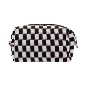 PAZIMIIK front view of black checkered makeup bag showing compact shape and standing base